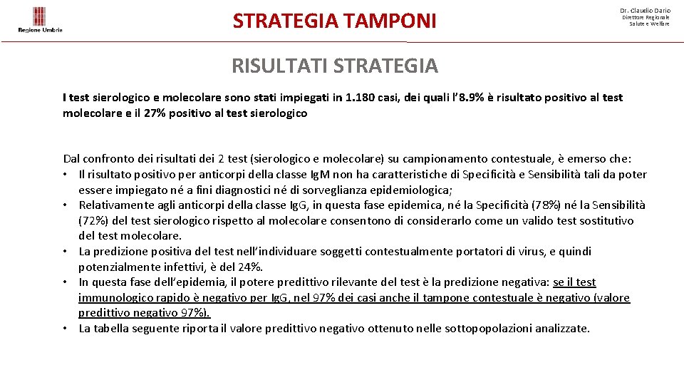 STRATEGIA TAMPONI Dr. Claudio Dario Direttore Regionale Salute e Welfare RISULTATI STRATEGIA I test