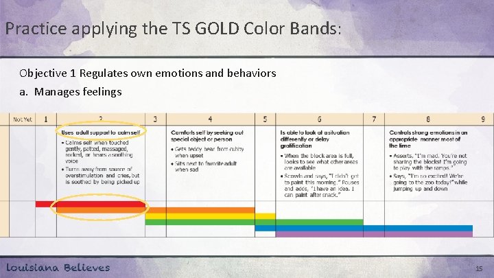 Practice applying the TS GOLD Color Bands: Objective 1 Regulates own emotions and behaviors