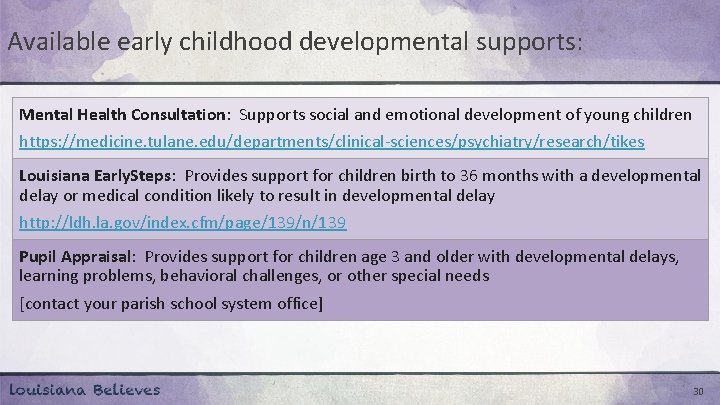 Available early childhood developmental supports: Mental Health Consultation: Supports social and emotional development of