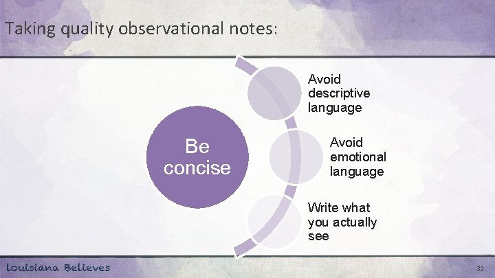 Taking quality observational notes: Avoid descriptive language Be concise Avoid emotional language Write what