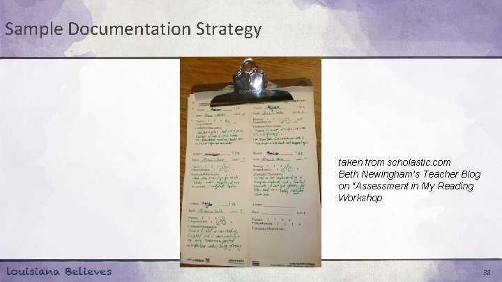 Sample Documentation Strategy taken from scholastic. com Beth Newingham’s Teacher Blog on “Assessment in