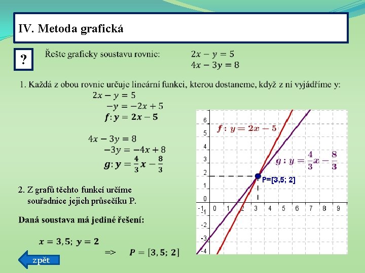 IV. Metoda grafická ? 2. Z grafů těchto funkcí určíme souřadnice jejich průsečíku P.