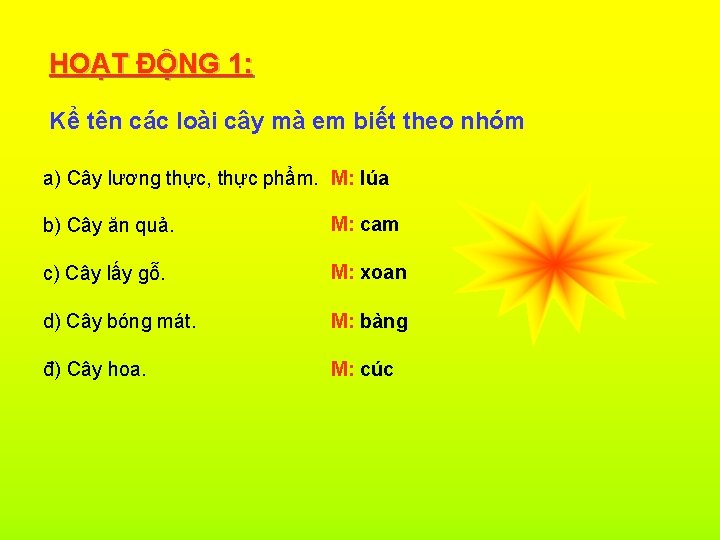 HOẠT ĐỘNG 1: Kể tên các loài cây mà em biết theo nhóm a)