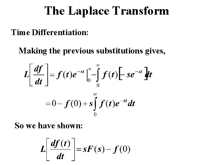 The Laplace Transform Time Differentiation: Making the previous substitutions gives, So we have shown:
