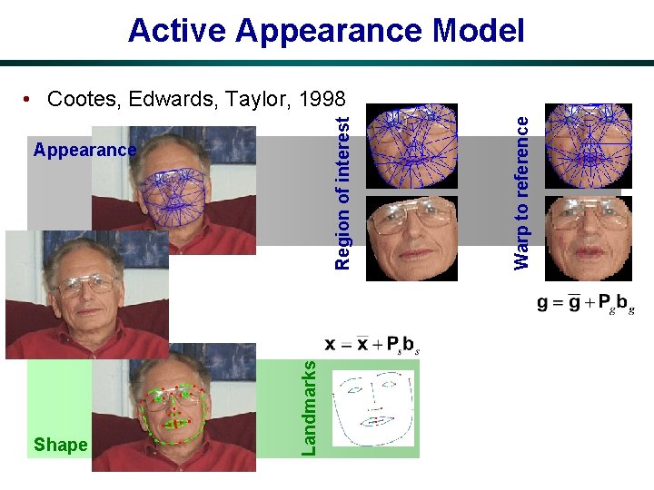 Active Appearance Model Shape Landmarks Appearance Warp to reference Region of interest • Cootes,