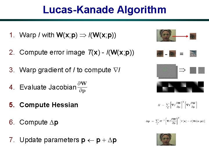 Lucas-Kanade Algorithm 1. Warp I with W(x; p) I(W(x; p)) 2. Compute error image