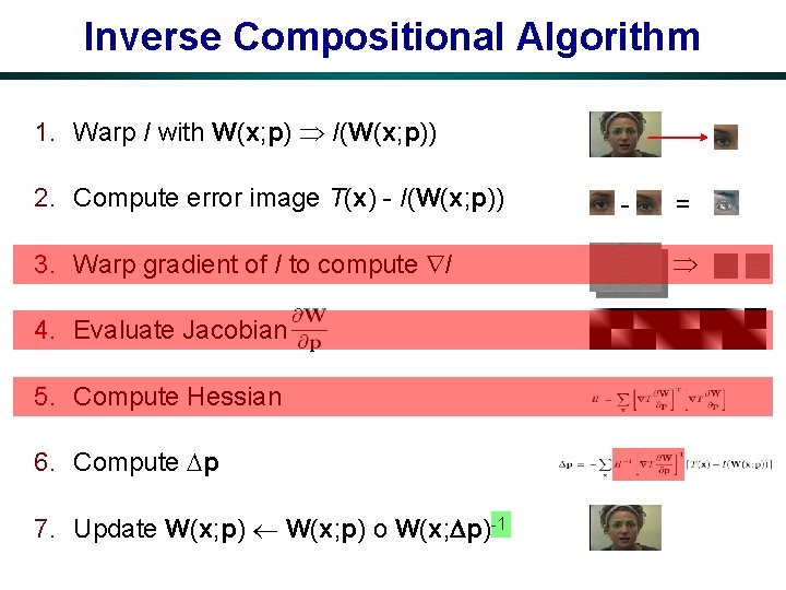 Inverse Compositional Algorithm 1. Warp I with W(x; p) I(W(x; p)) 2. Compute error