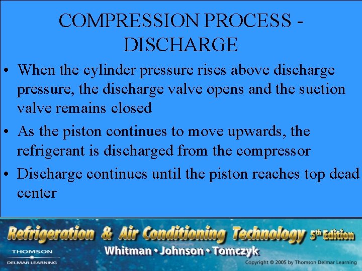 COMPRESSION PROCESS DISCHARGE • When the cylinder pressure rises above discharge pressure, the discharge