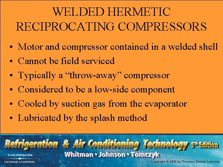 WELDED HERMETIC RECIPROCATING COMPRESSORS • • • Motor and compressor contained in a welded