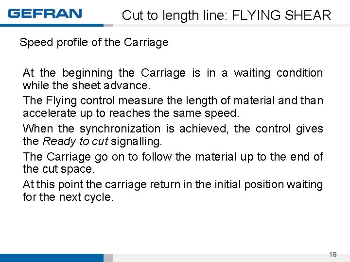 Cut to length line: FLYING SHEAR Speed profile of the Carriage At the beginning