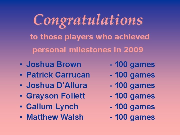 Congratulations to those players who achieved personal milestones in 2009 • • • Joshua