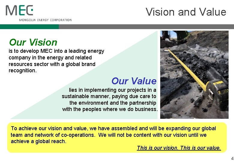 Vision and Value Our Vision is to develop MEC into a leading energy company