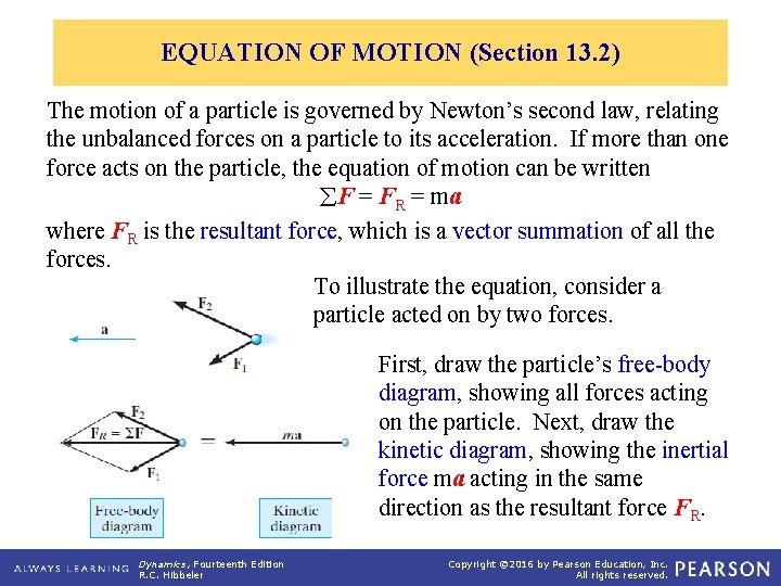 EQUATION OF MOTION (Section 13. 2) The motion of a particle is governed by