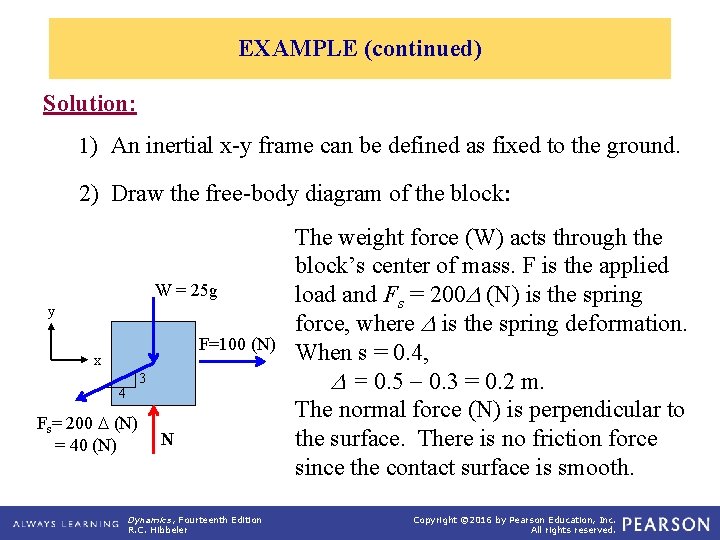 EXAMPLE (continued) Solution: 1) An inertial x-y frame can be defined as fixed to