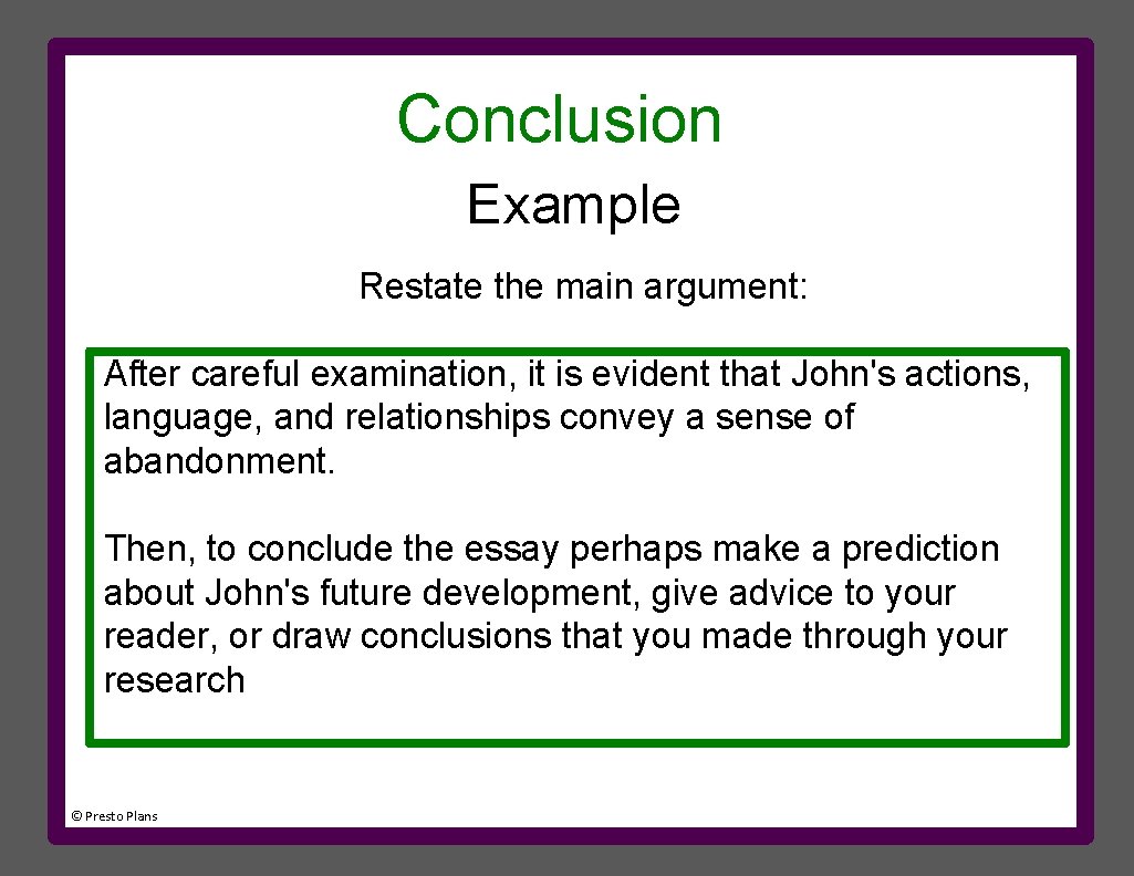 Conclusion Example Restate the main argument: After careful examination, it is evident that John's