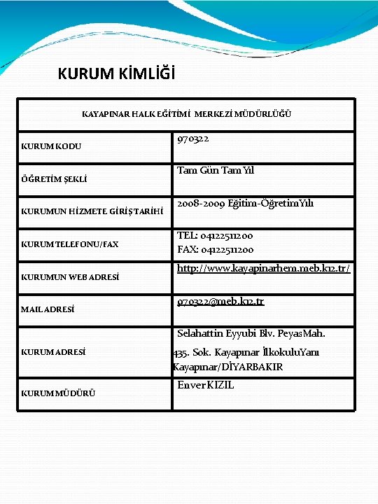 KURUM KİMLİĞİ KAYAPINAR HALK EĞİTİMİ MERKEZİ MÜDÜRLÜĞÜ KURUM KODU ÖĞRETİM ŞEKLİ KURUMUN HİZMETE GİRİŞ