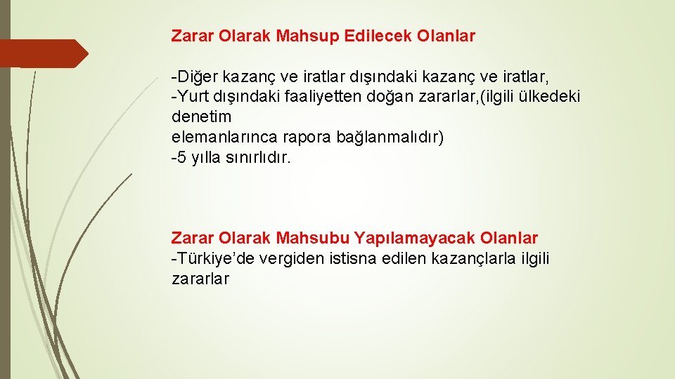 Zarar Olarak Mahsup Edilecek Olanlar -Diğer kazanç ve iratlar dışındaki kazanç ve iratlar, -Yurt