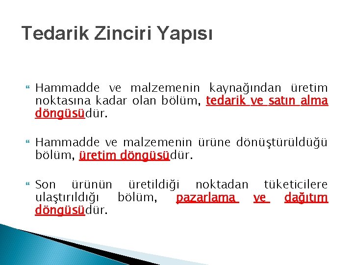 Tedarik Zinciri Yapısı Hammadde ve malzemenin kaynağından üretim noktasına kadar olan bölüm, tedarik ve