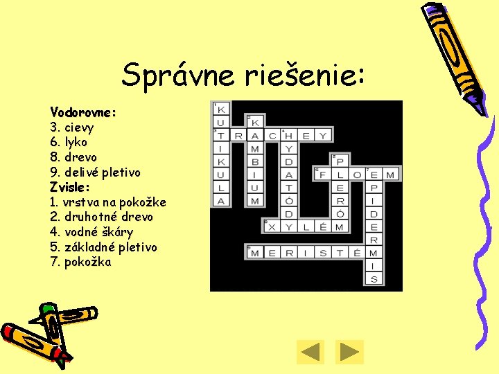 Správne riešenie: Vodorovne: 3. cievy 6. lyko 8. drevo 9. delivé pletivo Zvisle: 1.