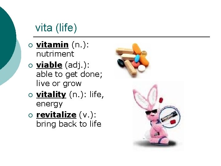 vita (life) ¡ ¡ vitamin (n. ): nutriment viable (adj. ): able to get