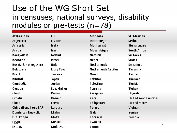 Use of the WG Short Set in censuses, national surveys, disability modules or pre-tests