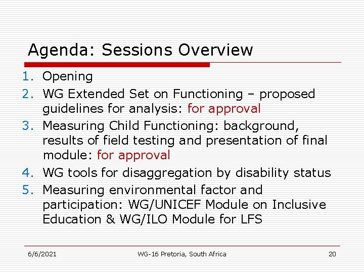 Agenda: Sessions Overview 1. Opening 2. WG Extended Set on Functioning – proposed guidelines
