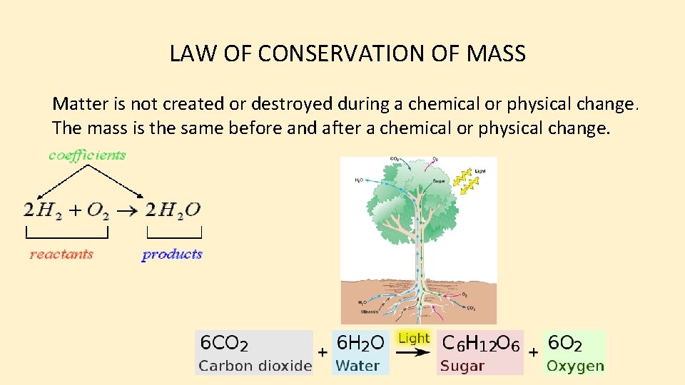 LAW OF CONSERVATION OF MASS Matter is not created or destroyed during a chemical LAW OF CONSERVATION OF MASS Matter is not created or destroyed during a chemical