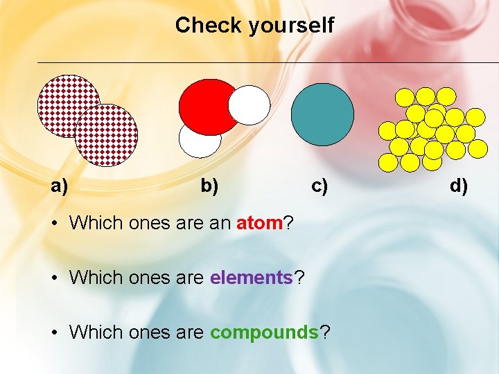 Check yourself a) b) c) • Which ones are an atom? • Which ones