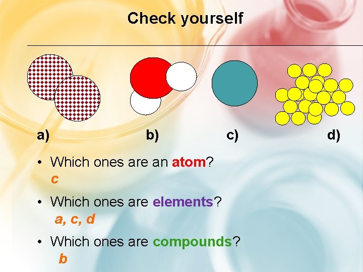 Check yourself a) b) c) • Which ones are an atom? c • Which