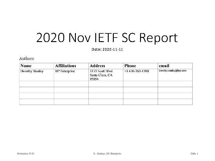 2020 Nov IETF SC Report Date: 2020 -11 -11 Authors: November 2019 D. Stanley,