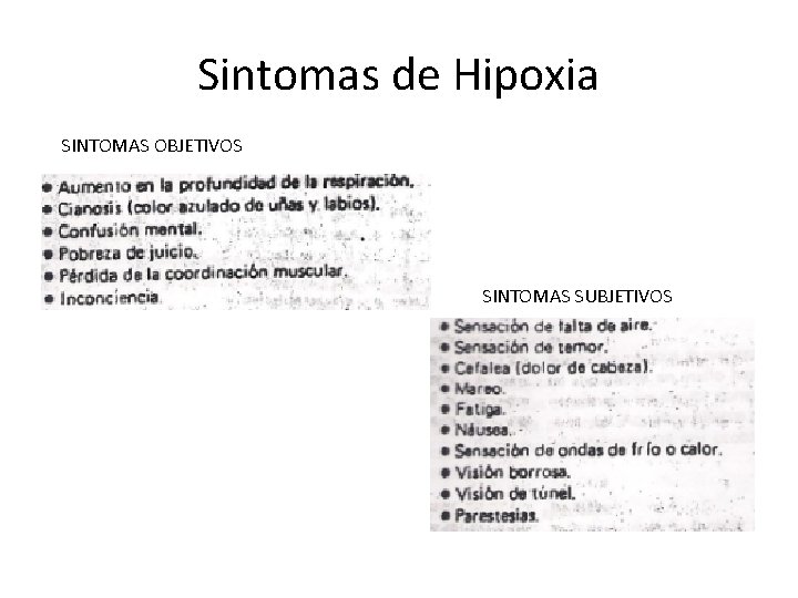 Sintomas de Hipoxia SINTOMAS OBJETIVOS SINTOMAS SUBJETIVOS 