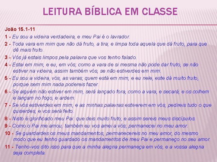 LEITURA BÍBLICA EM CLASSE João 15. 1 -11 1 - Eu sou a videira