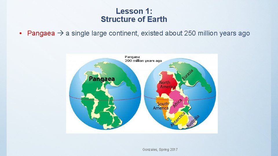 Lesson 1: Structure of Earth • Pangaea a single large continent, existed about 250 Lesson 1: Structure of Earth • Pangaea a single large continent, existed about 250