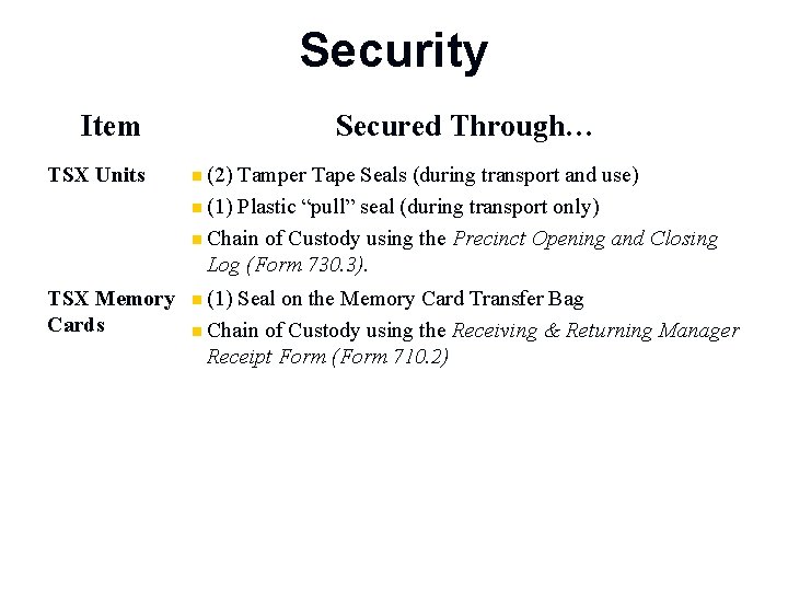 Security Item Secured Through… TSX Units n (2) Tamper Tape Seals (during transport and