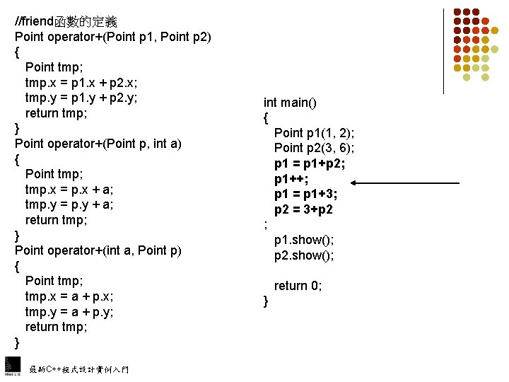 //friend函數的定義 Point operator+(Point p 1, Point p 2) { Point tmp; tmp. x =