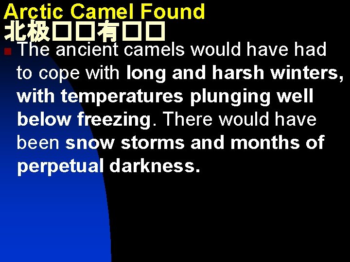 Arctic Camel Found 北极��有�� n The ancient camels would have had to cope with