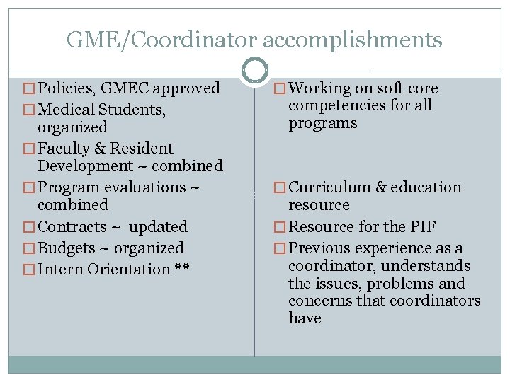 GME/Coordinator accomplishments � Policies, GMEC approved � Medical Students, organized � Faculty & Resident