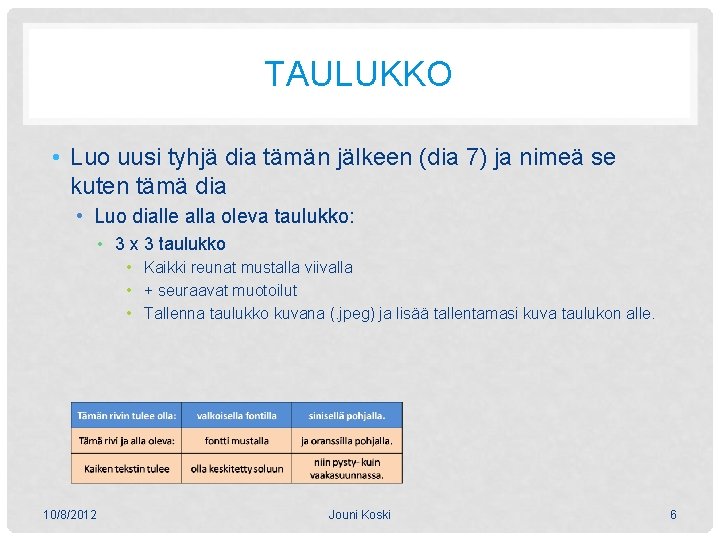 TAULUKKO • Luo uusi tyhjä dia tämän jälkeen (dia 7) ja nimeä se kuten