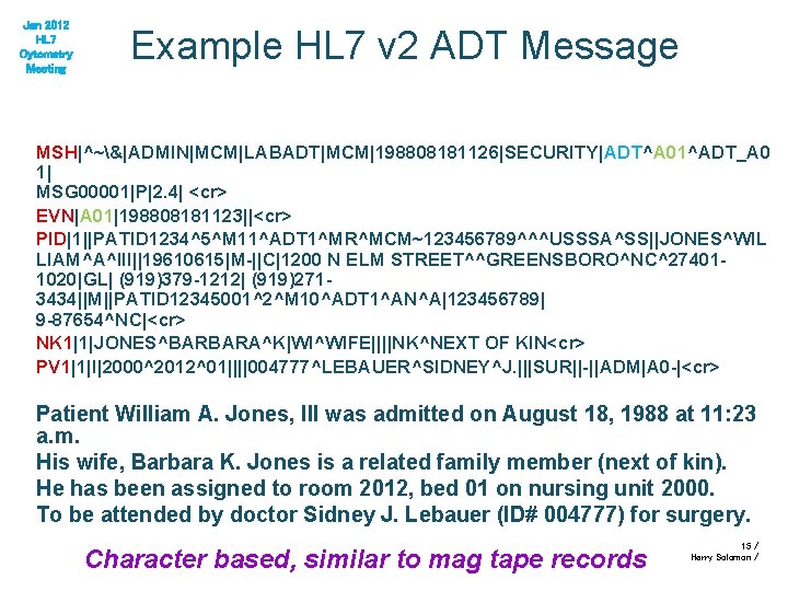 Jan 2012 HL 7 Cytometry Meeting Example HL 7 v 2 ADT Message MSH|^~&|ADMIN|MCM|LABADT|MCM|198808181126|SECURITY|ADT^A