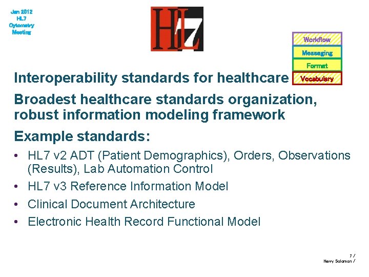 Jan 2012 HL 7 Cytometry Meeting Workflow Messaging Format Interoperability standards for healthcare Vocabulary