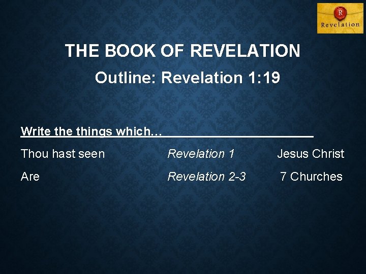 THE BOOK OF REVELATION Outline: Revelation 1: 19 Write things which… Thou hast seen