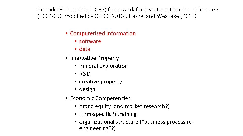 Corrado-Hulten-Sichel (CHS) framework for investment in intangible assets (2004 -05), modified by OECD (2013),