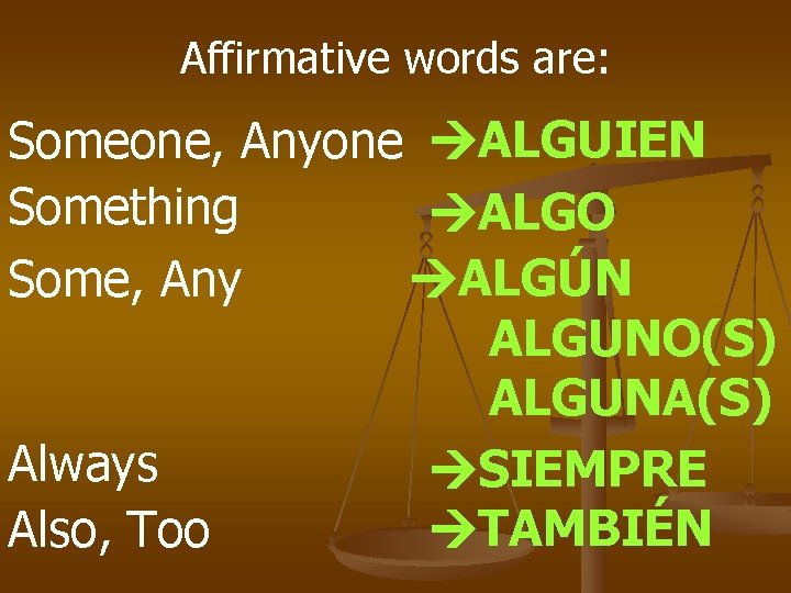 Affirmative words are: Someone, Anyone ALGUIEN Something ALGO ALGÚN Some, Any ALGUNO(S) ALGUNA(S) Always