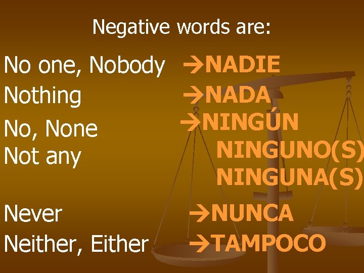 Negative words are: No one, Nobody NADIE NADA Nothing NINGÚN No, None NINGUNO(S) Not