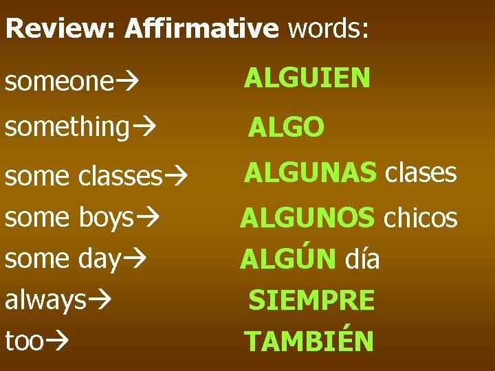 Review: Affirmative words: someone ALGUIEN something ALGO some classes some boys some day always