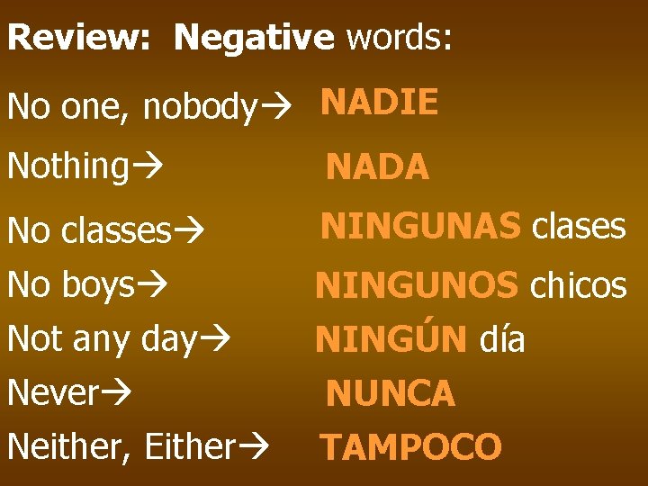 Review: Negative words: No one, nobody NADIE Nothing NADA No classes No boys Not