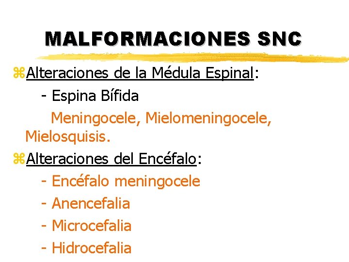 MALFORMACIONES SNC z. Alteraciones de la Médula Espinal: - Espina Bífida Meningocele, Mielomeningocele, Mielosquisis. MALFORMACIONES SNC z. Alteraciones de la Médula Espinal: - Espina Bífida Meningocele, Mielomeningocele, Mielosquisis.