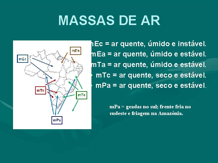 MASSAS DE AR • m. Ec = ar quente, úmido e instável. • m. MASSAS DE AR • m. Ec = ar quente, úmido e instável. • m.
