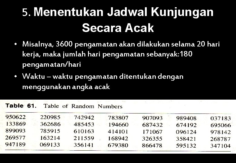 5. Menentukan Jadwal Kunjungan Secara Acak • Misalnya, 3600 pengamatan akan dilakukan selama 20