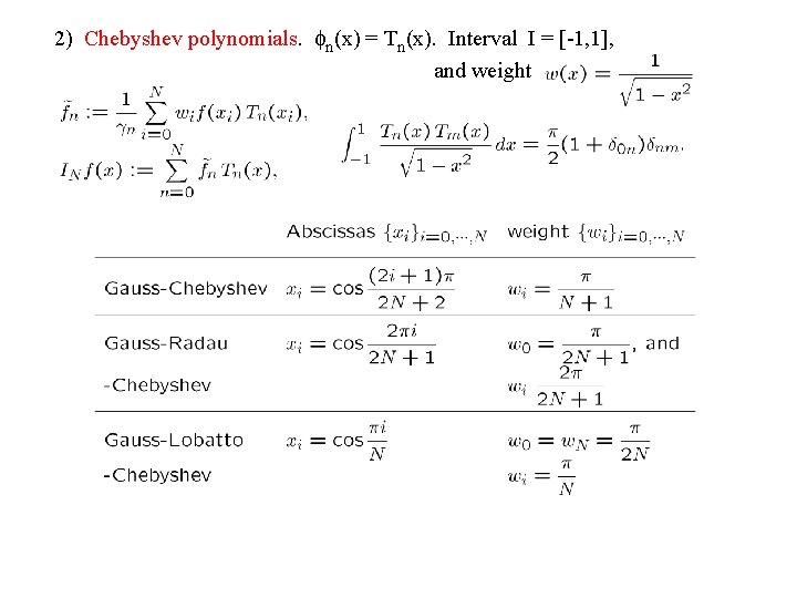 2) Chebyshev polynomials. fn(x) = Tn(x). Interval I = [-1, 1], and weight 